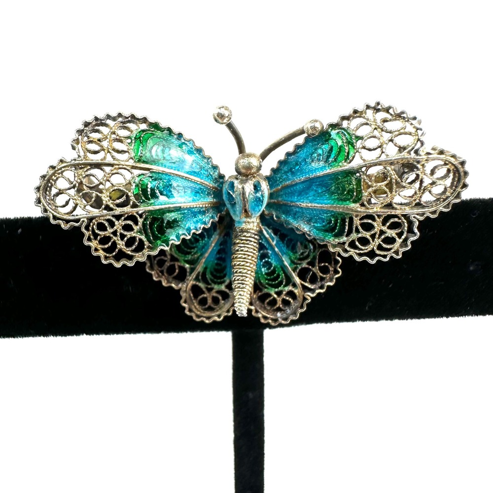 Vintage 800‎ Silver Enamel Filigree Butterfly Brooch Pin Blue Green 1940's